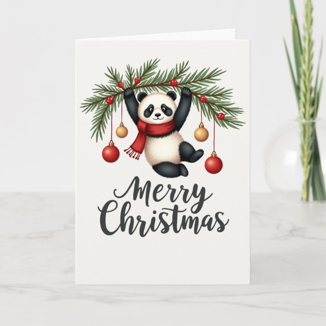 Cute Panda Hanging from Christmas Tree Branch Card (Front)