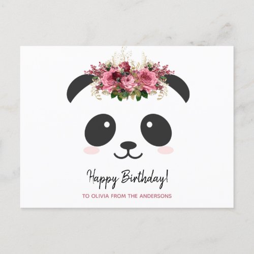 Cute panda Happy Birthday personalized pink floral Postcard