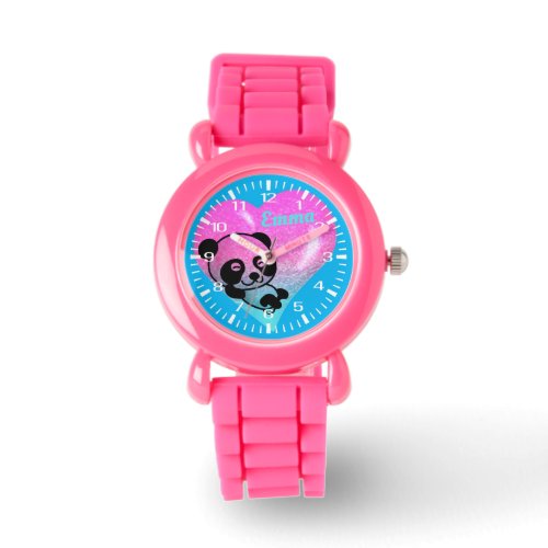 Cute Panda Heart Pink Glitter Bracelet Girls Watch