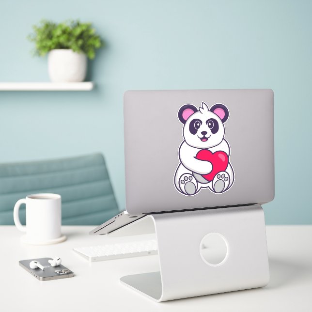Cute Panda holding a big red heart Sticker (Laptop On Desk)