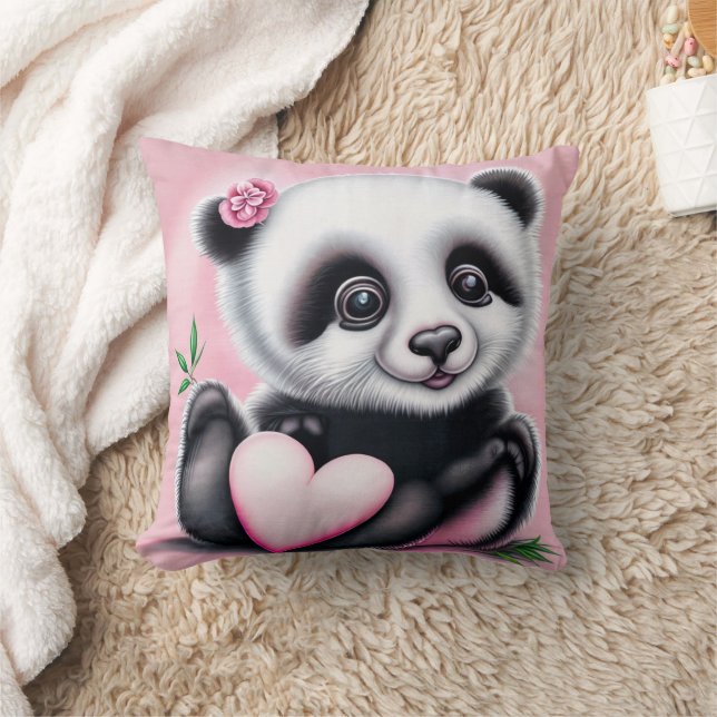 Cute panda holding a heart throw pillow (Blanket)