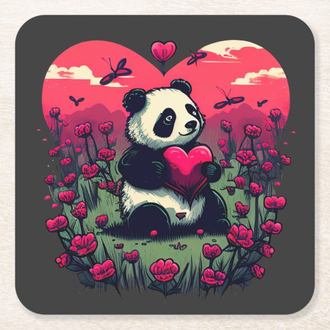 Cute Panda Holding Heart - Valentine's Day Gift Square Paper Coaster (Front)