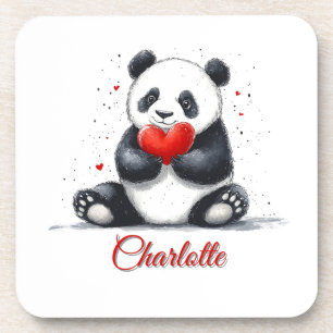 Cute Panda Holding Heart with Customizable Name Beverage Coaster