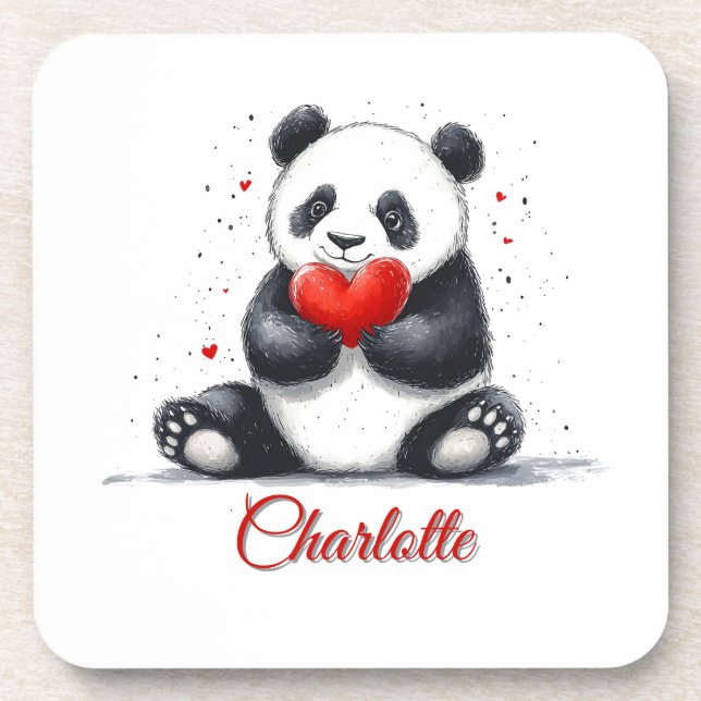 Cute Panda Holding Heart with Customizable Name Beverage Coaster (Front)