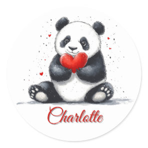 Cute Panda Holding Heart with Customizable Name Classic Round Sticker