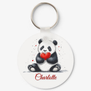 Cute Panda Holding Heart with Customizable Name Keychain