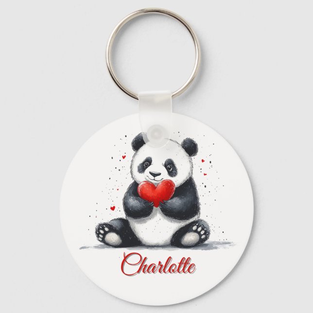 Cute Panda Holding Heart with Customizable Name Keychain (Front)