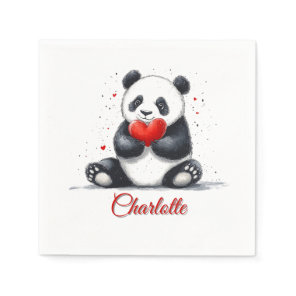 Cute Panda Holding Heart with Customizable Name Napkins