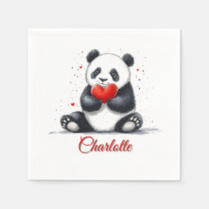 Cute Panda Holding Heart with Customizable Name Napkins