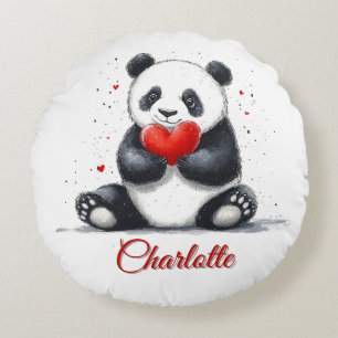 Cute Panda Holding Heart with Customizable Name Round Pillow