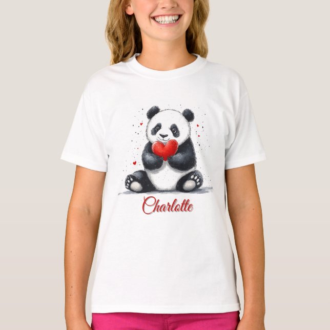 Cute Panda Holding Heart with Customizable Name T-Shirt (Front)