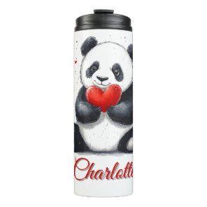 Cute Panda Holding Heart with Customizable Name Thermal Tumbler