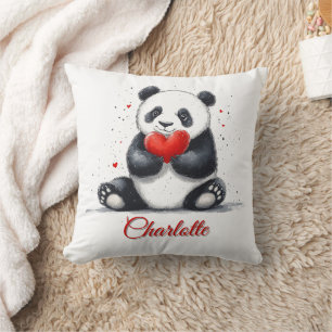 Cute Panda Holding Heart with Customizable Name Throw Pillow