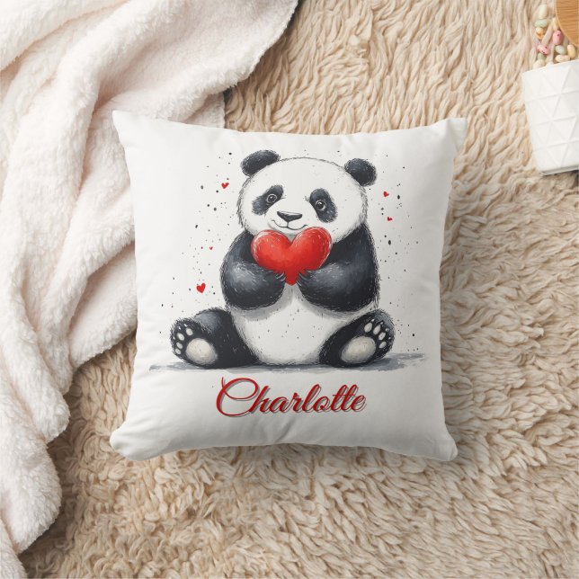Cute Panda Holding Heart with Customizable Name Throw Pillow (Blanket)