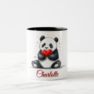 Cute Panda Holding Heart with Customizable Name Two-Tone Coffee Mug