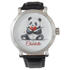 Cute Panda Holding Heart with Customizable Name Watch