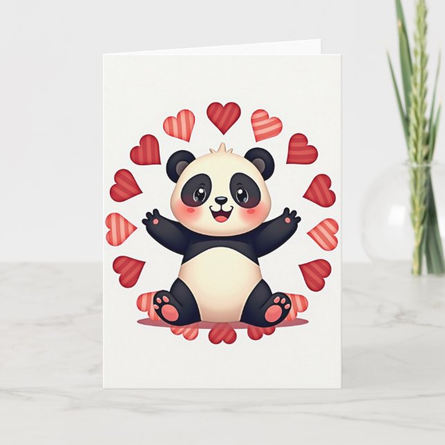Cute Panda Hugs Love Hearts Card (Front)