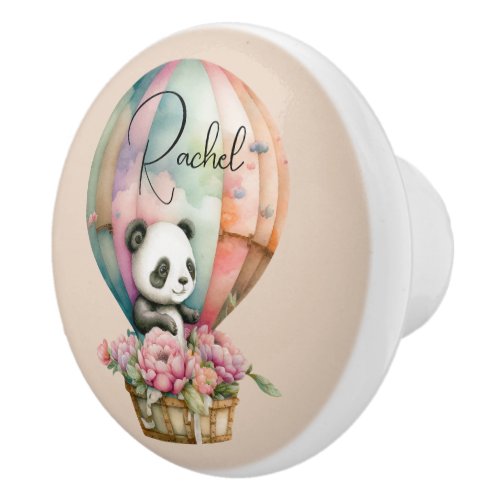 Cute panda in a hot air balloon brown bg custom ceramic knob