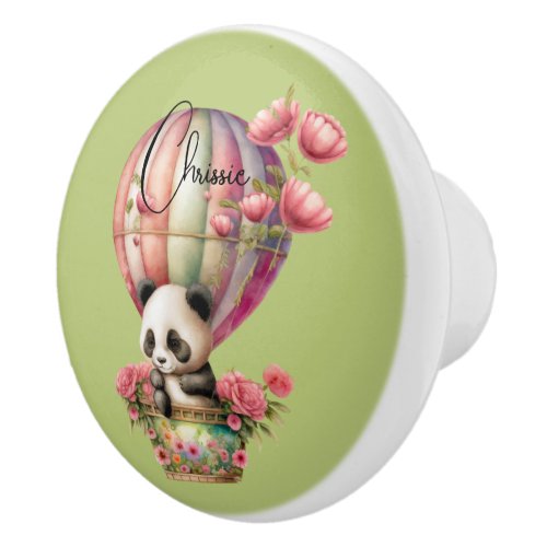 Cute panda in a hot air balloon green bg custom ceramic knob