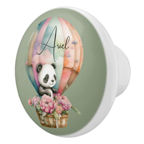 Cute panda in a hot air balloon green bg custom ceramic knob