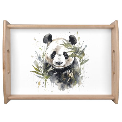 Cute panda in between bamboo watercolor serving tray