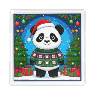 Cute Panda In Christmas Sweater Wears Santa Hat Acrylic Tray