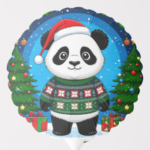 Cute Panda In Christmas Sweater Wears Santa Hat Balloon
