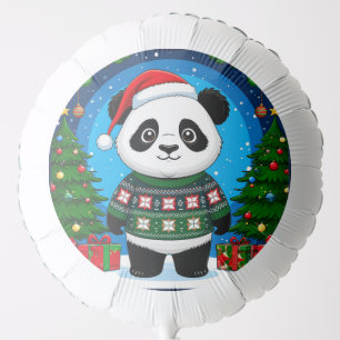 Cute Panda In Christmas Sweater Wears Santa Hat Balloon