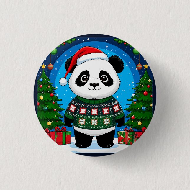 Cute Panda In Christmas Sweater Wears Santa Hat Button (Front)