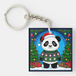 Cute Panda In Christmas Sweater Wears Santa Hat Keychain