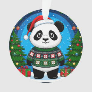 Cute Panda In Christmas Sweater Wears Santa Hat Ornament