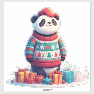 Cute Panda In Christmas Sweater Wears Santa Hat Sticker
