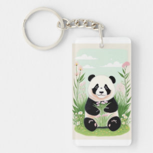 Cute Panda In Garden Keychain