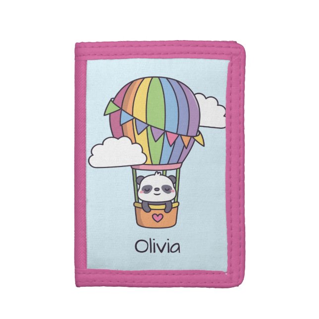 Cute Panda In Hot Air Balloon Girls Personalized Trifold Wallet (Front Vertical)