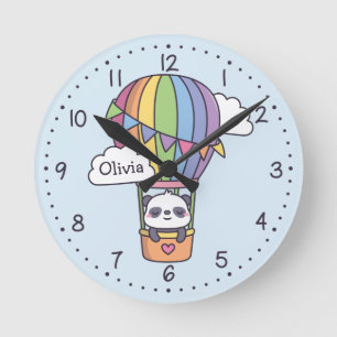 Cute Panda In Hot Air Balloon Kids Room Decor Round Clock