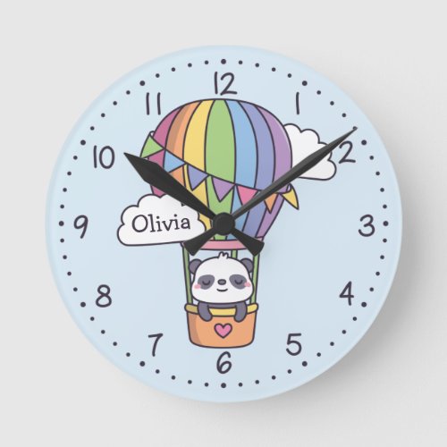 Cute Panda In Hot Air Balloon Kids Room Decor Round Clock
