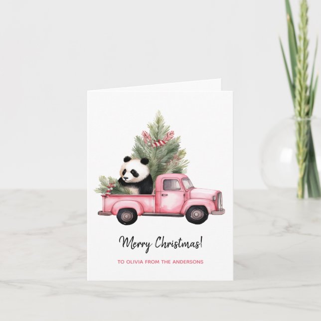 Cute Panda in Pink Vintage Truck Christmas  Card (Front)