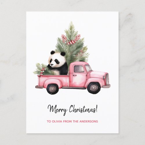 Cute Panda in Pink Vintage Truck Christmas Holiday Postcard