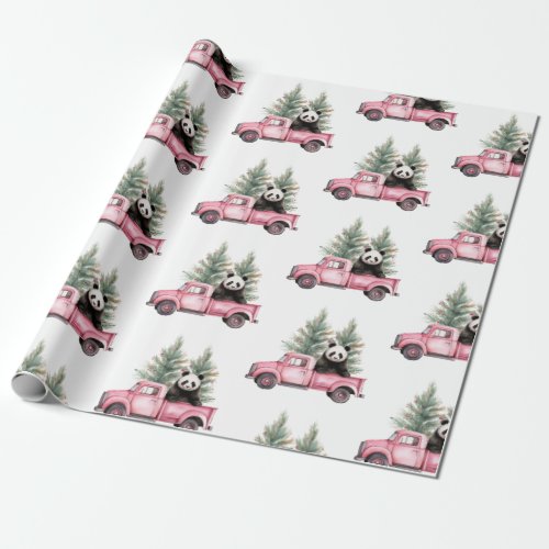 Cute Panda in Pink Vintage Truck Wrapping Paper