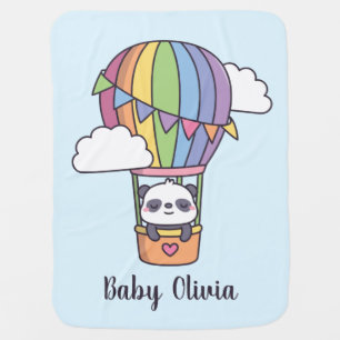 Cute Panda In Rainbow Hot Air Balloon Personalized Baby Blanket