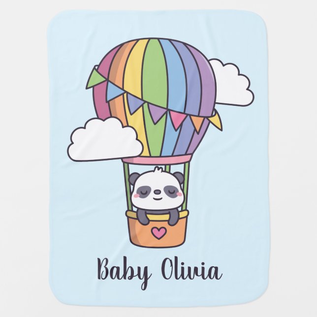 Cute Panda In Rainbow Hot Air Balloon Personalized Baby Blanket (Front)