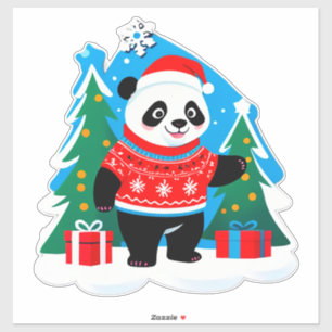 Cute Panda In Santa Hat And Christmas Sweater Sticker