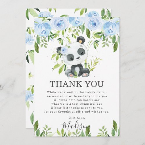 Cute Panda Light Blue Floral Greenery Baby Shower  Thank You Card