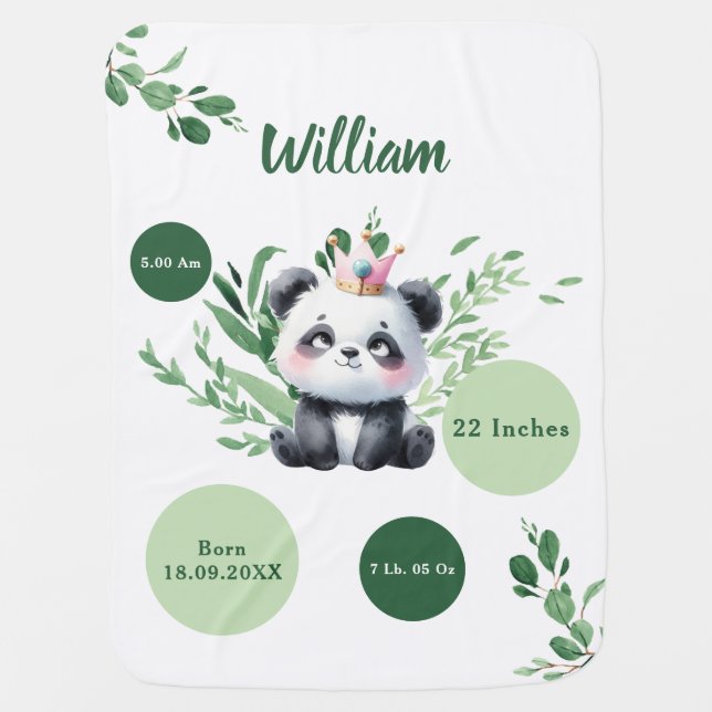Cute Panda Little Bear Watercolor Birth Stats Baby Blanket (Front)