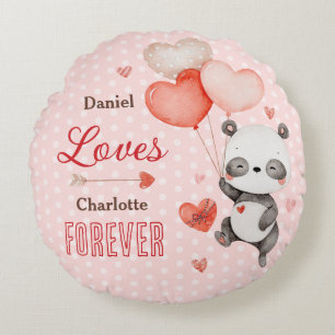 Cute Panda Love Red Heart Balloons Valentine's Round Pillow