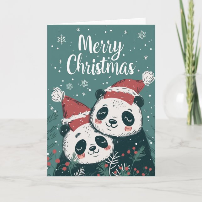 Cute Panda Merry Christmas Personalized Holiday Card (Front)
