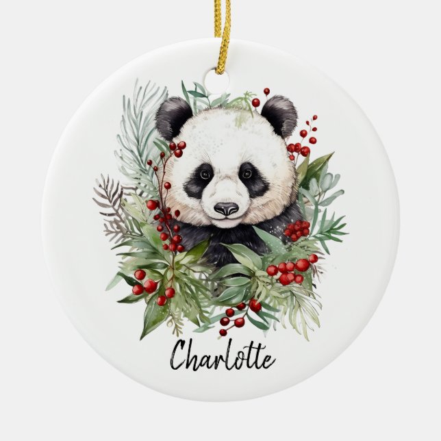 Cute Panda Merry Christmas Winter botanicals Ceramic Ornament (Front)