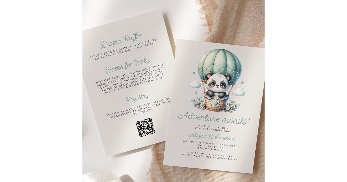 Cute Panda Mint Green Balloon QR Code Baby Shower Invitation | Zazzle