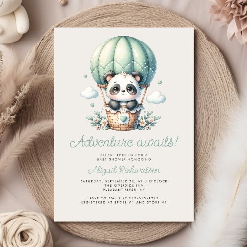 Cute Panda Mint Green Hot Air Balloon Baby Shower Invitation