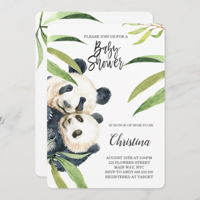 Cute Panda Mom & Baby Eucalyptus Baby Shower Invitation (Front/Back)